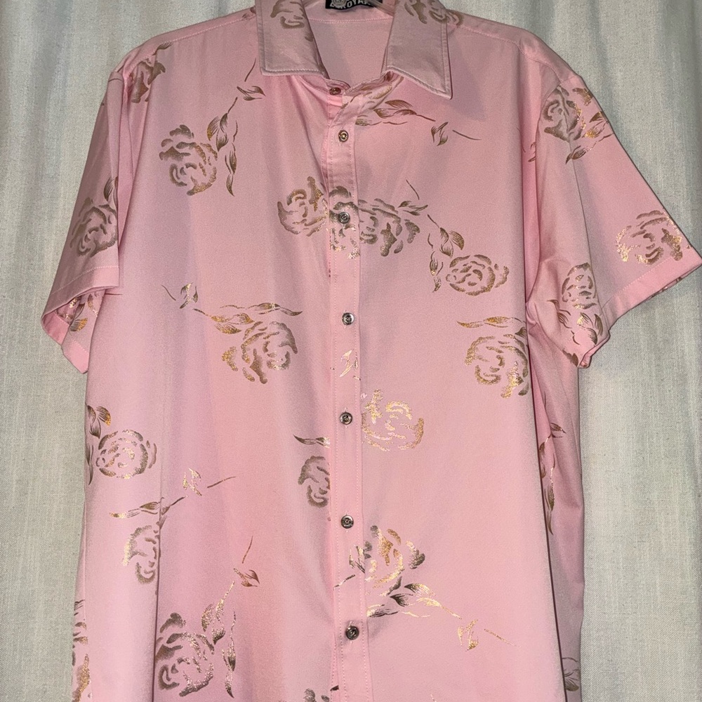 ZeroYaa Men's Pink and Gold Floral Button Down Shirt